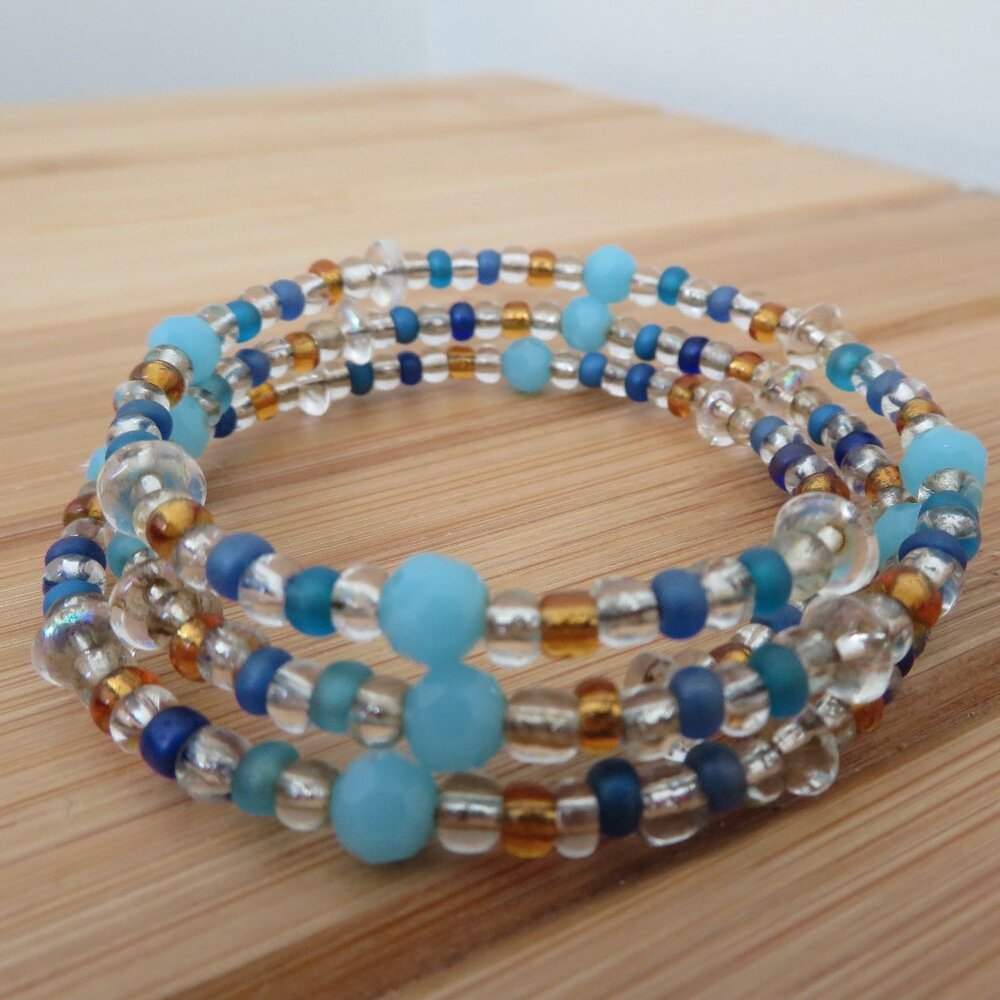 Blue Gold Clear Beaded Memory Wire Wrap Around Bracelet
